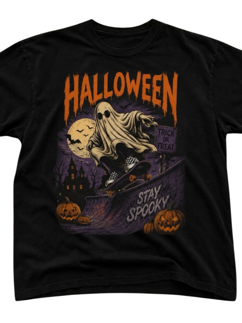 Gildan Black Halloween Skate Ghost Tee Graphic, Spooky Season Shirt